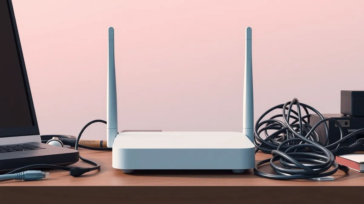 Illustration: A white wireless router sits on a cluttered desk next to a tangled ethernet cable.