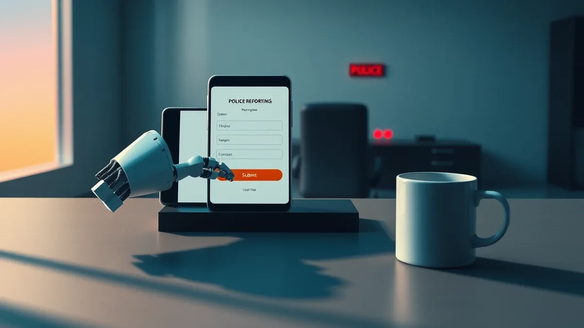 Illustration: A generic smartphone displays a blank police reporting form.