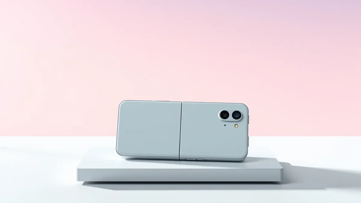 Illustration: A folded smartphone rests on a minimalist desk, its screen split by a central crease.