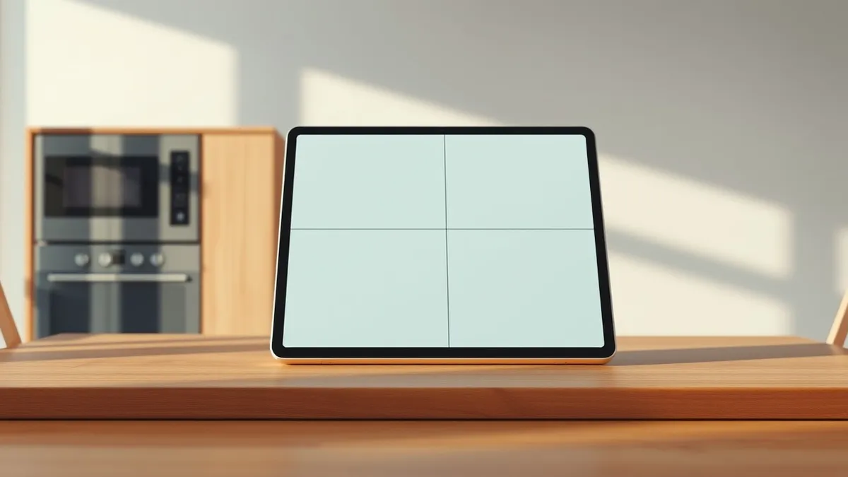 Illustration: A single tablet rests on a kitchen table, its screen divided into four distinct quadrants.