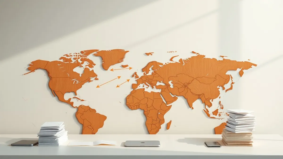 Illustration: A large wooden map of the world sits on a plain desk.