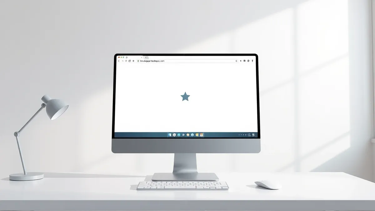 Illustration: A sleek silver computer monitor sits on a minimalist white desk.