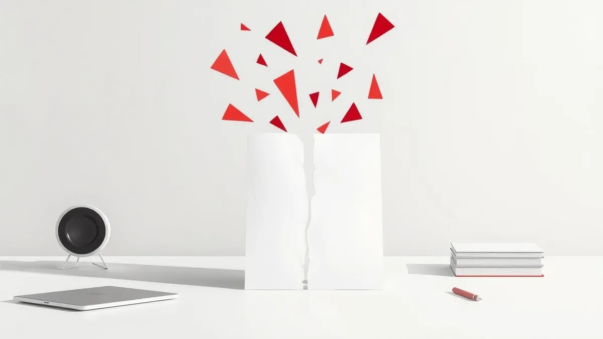 Illustration: A single white PDF document rests on a clean desk, split in half by a jagged crack.