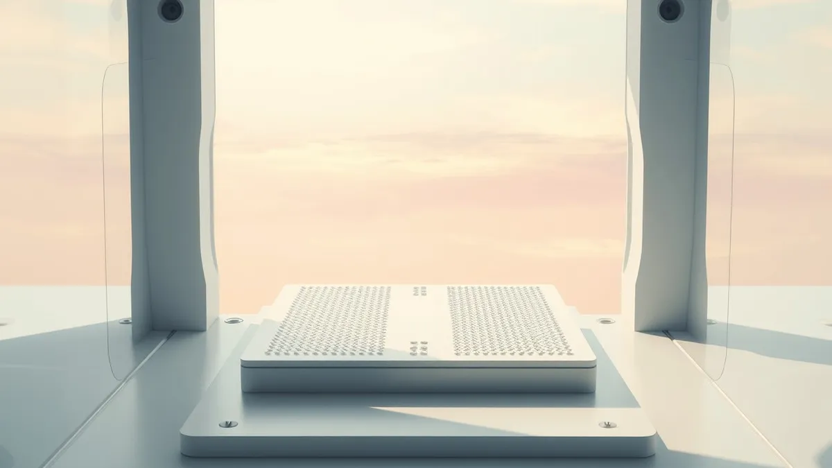 Illustration: A pristine flat chip sits inside a laboratory chamber.