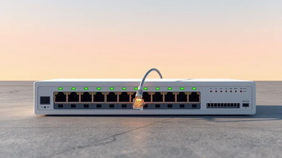 Illustration: A sleek, white network switch with multiple blinking green and amber lights sits on a concrete floor.