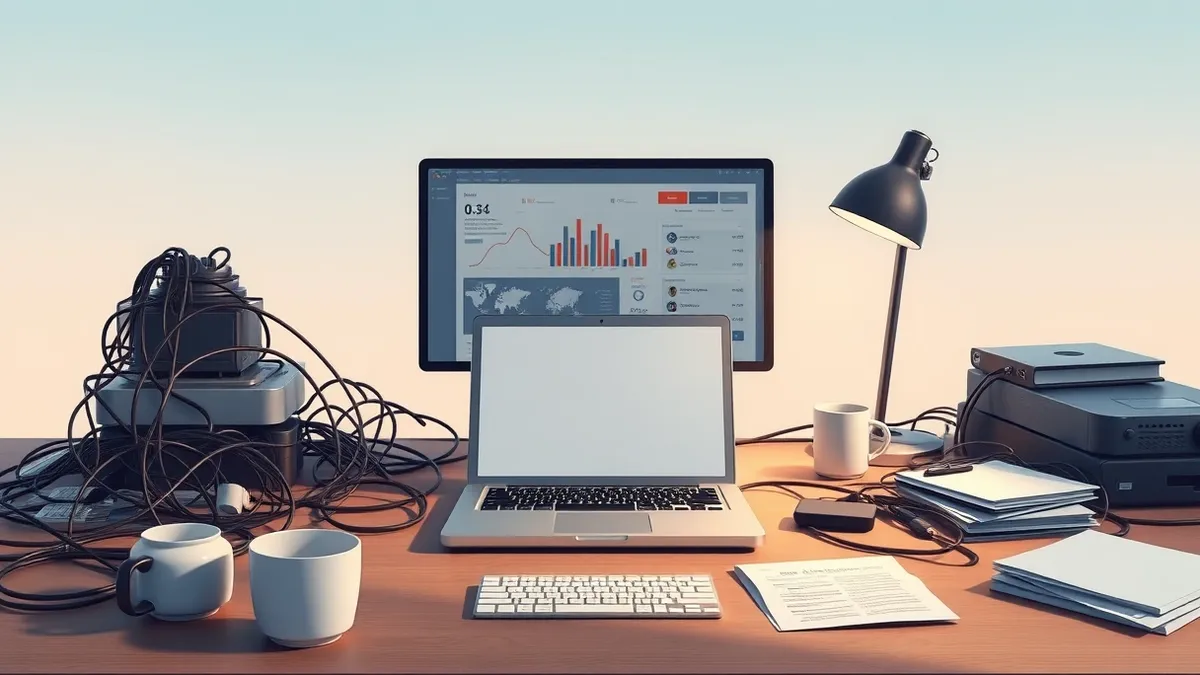 Illustration: A cluttered office desk holds a single laptop with a blank screen, surrounded by tangled cables and empty coffee cups.