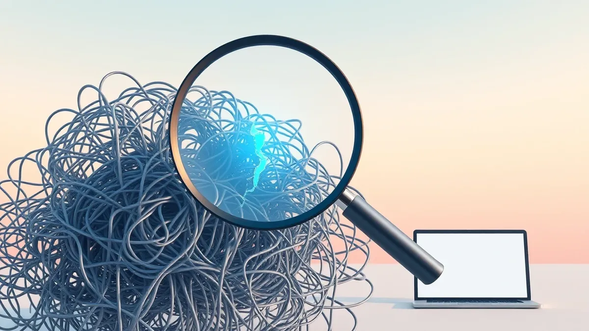 Illustration: A magnifying glass hovers over an abstract arrangement of tangled grey wires and circuit patterns.