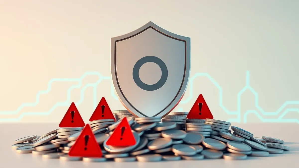 Illustration: A sleek digital shield hovers over a pile of generic digital coins, blocking jagged red warning symbols.