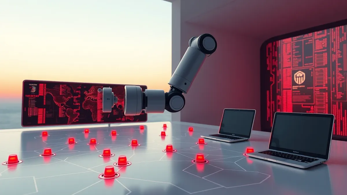 Illustration: A digital map of connected network nodes glows with red warning lights on a blank interface.