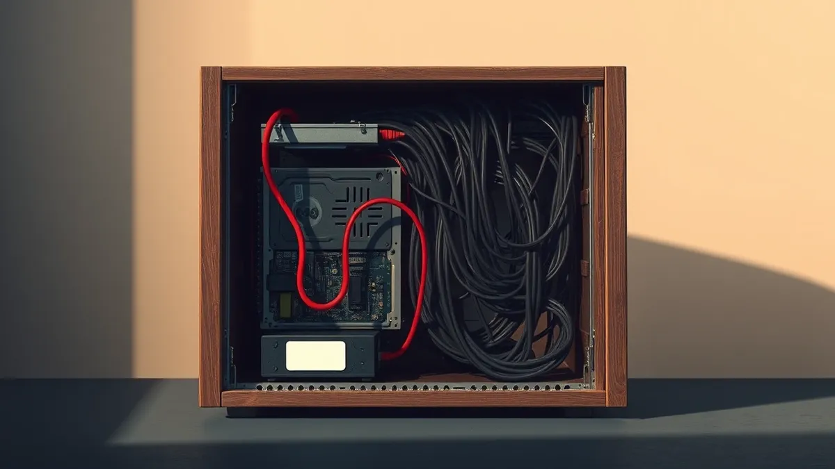 Illustration: A weathered wooden server sits in a dim room, its metal casing open to reveal a complex circuit board.