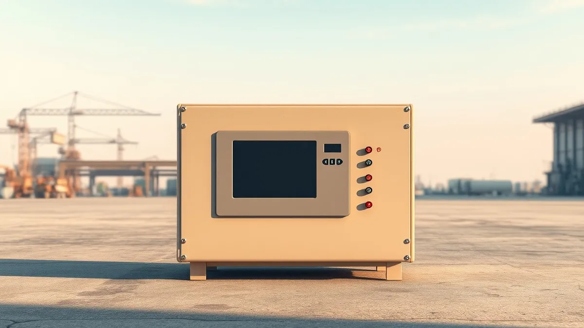 Illustration: A beige industrial automation controller sits on a concrete factory floor.