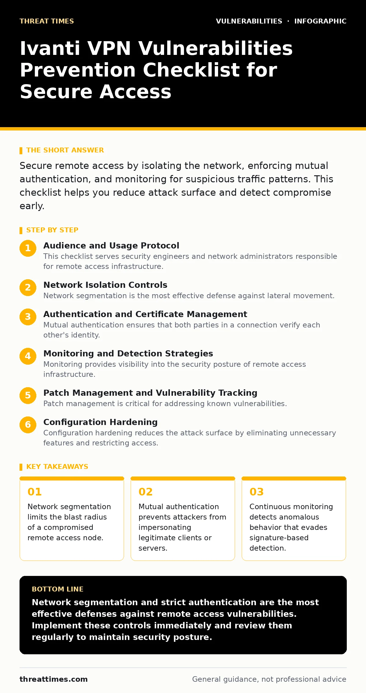 Infographic: Ivanti VPN Vulnerabilities Prevention Checklist for Secure Access. Network segmentation limits the blast radius of a compromised remote access node. Mutual authentication prevents attackers from impersonating legitimate clients or servers. Continuous monitoring detects anomalous behavio
