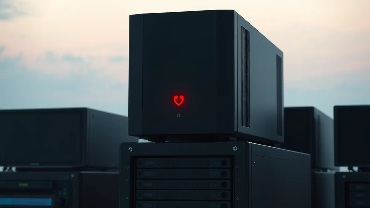 Illustration: A sleek black email security appliance sits on a server rack, its single front indicator light flashing an urgent, bright red warning.