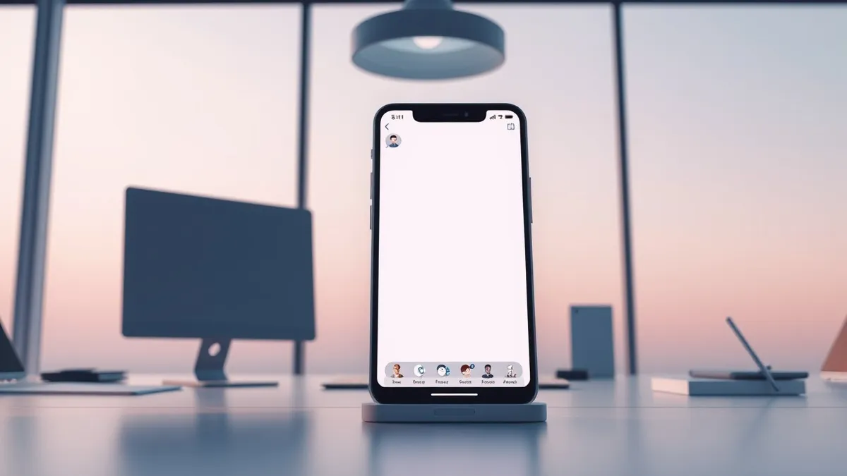 Illustration: A modern office desk holds a smartphone displaying a blank messaging interface with generic avatar icons and empty chat bubbles.