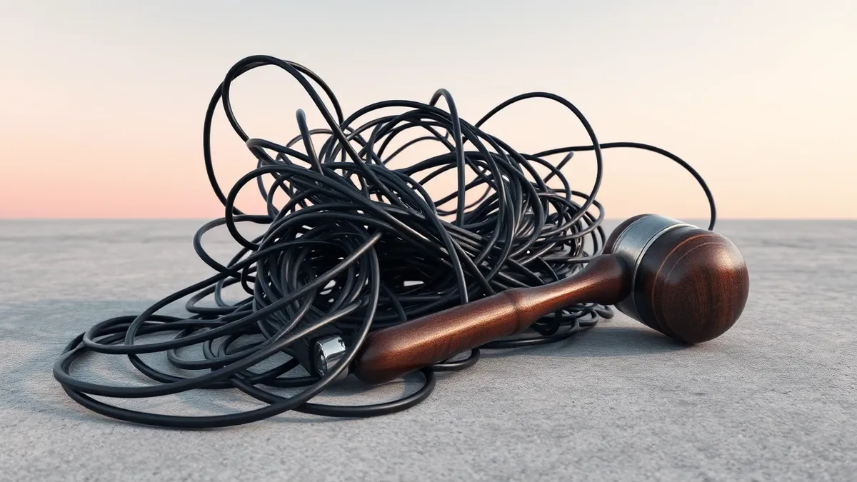 Illustration: A tangled knot of black electrical cables rests on a sterile concrete floor, snaking around a single severed wire end.