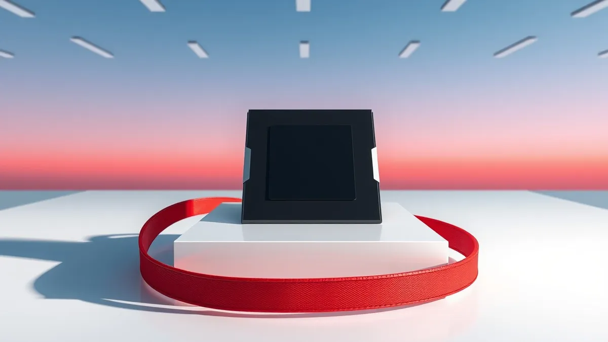 Illustration: A sleek black computer chip rests on a sterile white surface, its metallic casing reflecting overhead lights.