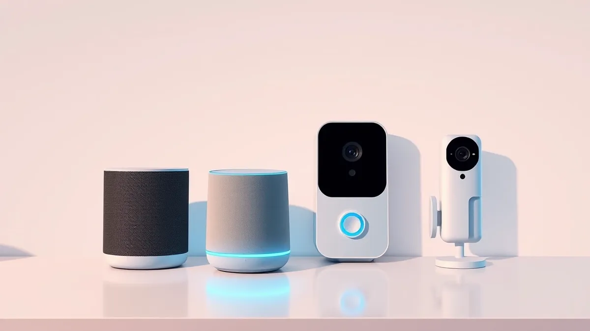 Illustration: A sleek smart speaker sits on a kitchen counter next to a modern thermostat and a video doorbell.