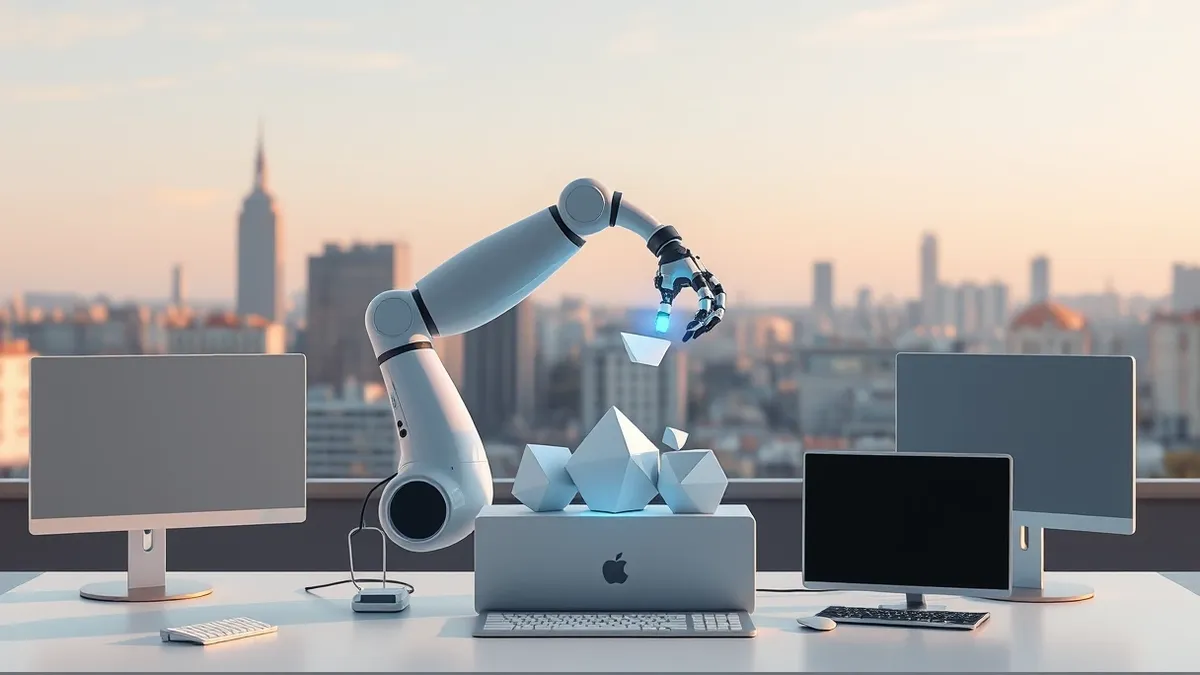 Illustration: A sleek white robotic arm rests on a minimalist office desk in a European cityscape, surrounded by blank digital interfaces.