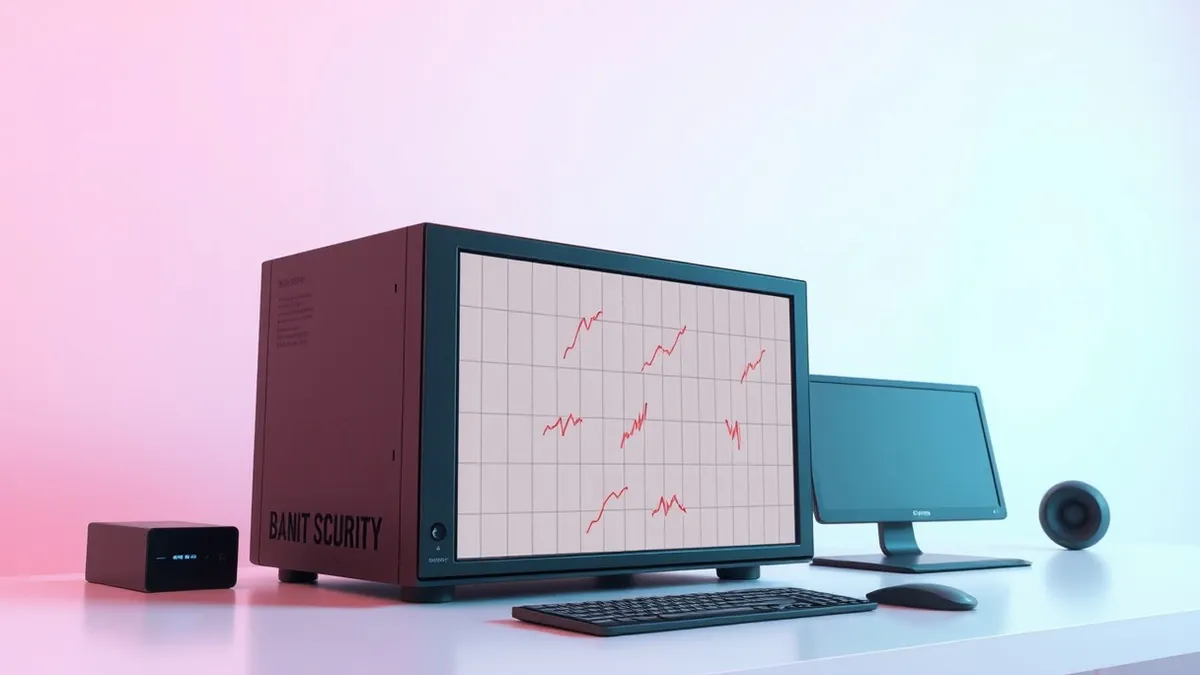 Illustration: A sleek black database security appliance sits on a clean white desk, its front panel displaying a blank grid interface.