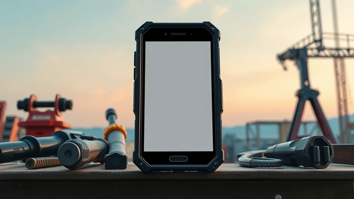 Illustration: A rugged smartphone rests on a workbench next to heavy tools and construction materials.