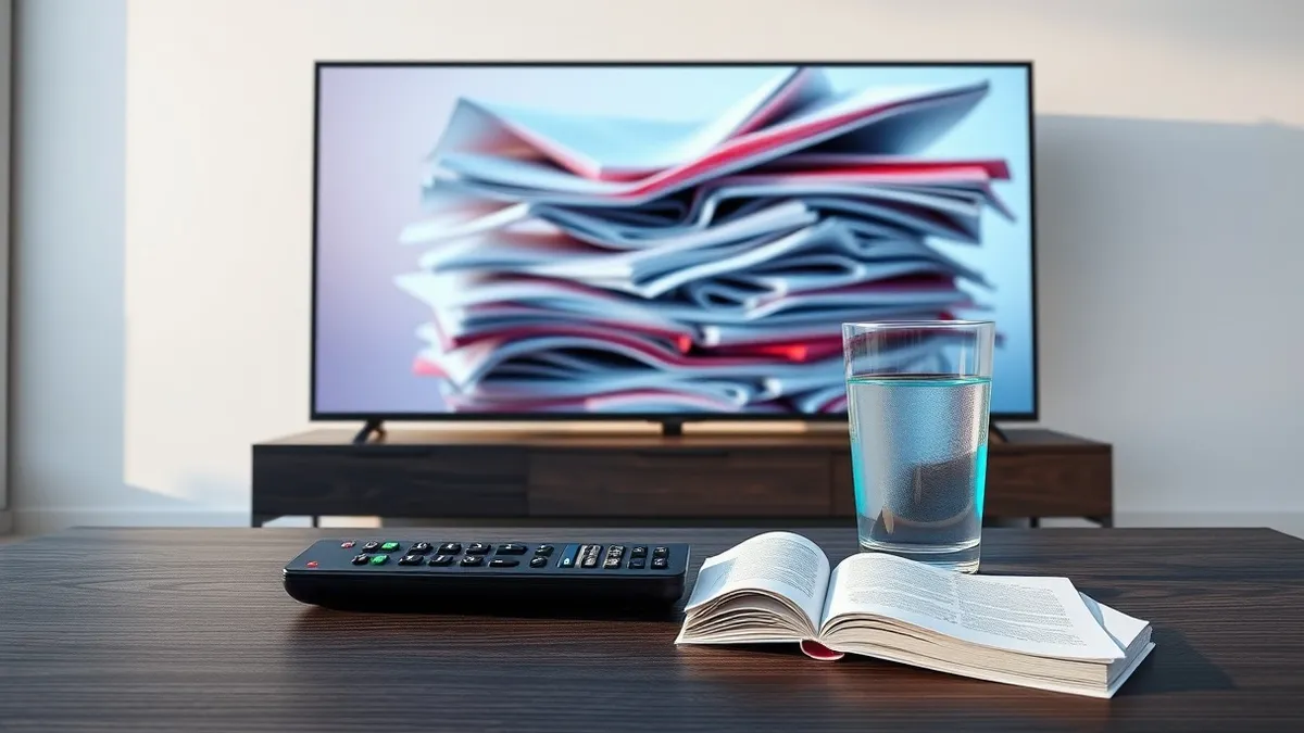 Illustration: A sleek black remote control rests on a dark wooden coffee table beside a large flat-screen television.
