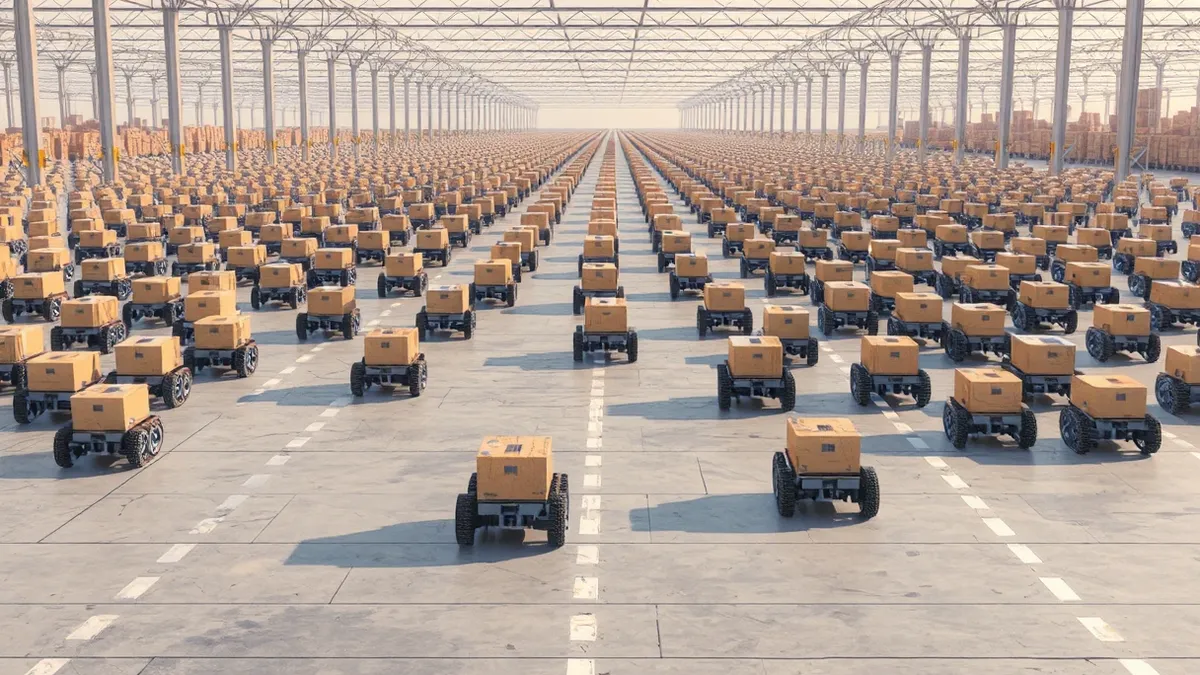 Illustration: A vast warehouse floor filled with hundreds of low-profile square robots moving along white tape lines on a concrete surface.