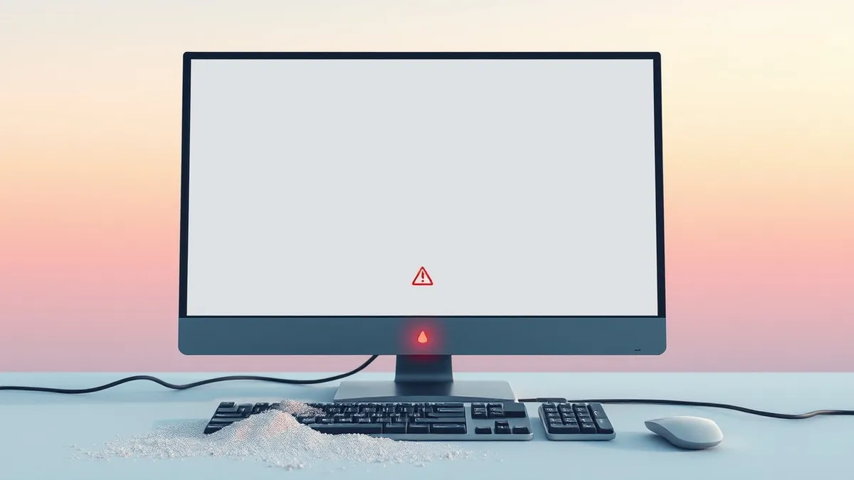 Illustration: A blank computer monitor displays a faded, empty document window with a grayed out save button.
