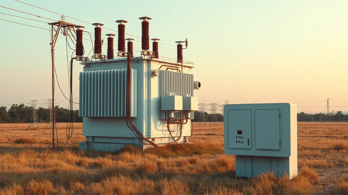 Illustration: A massive white power transformer stands idle in a field.