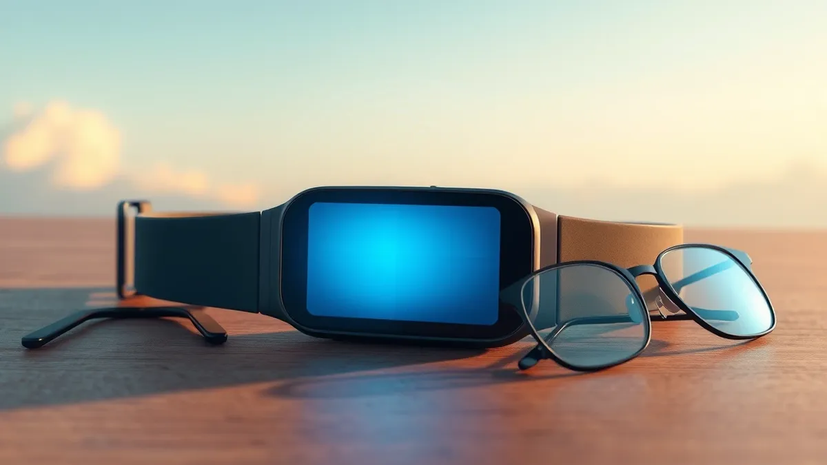 Illustration: A sleek wearable device rests on a wooden table next to a pair of glasses.