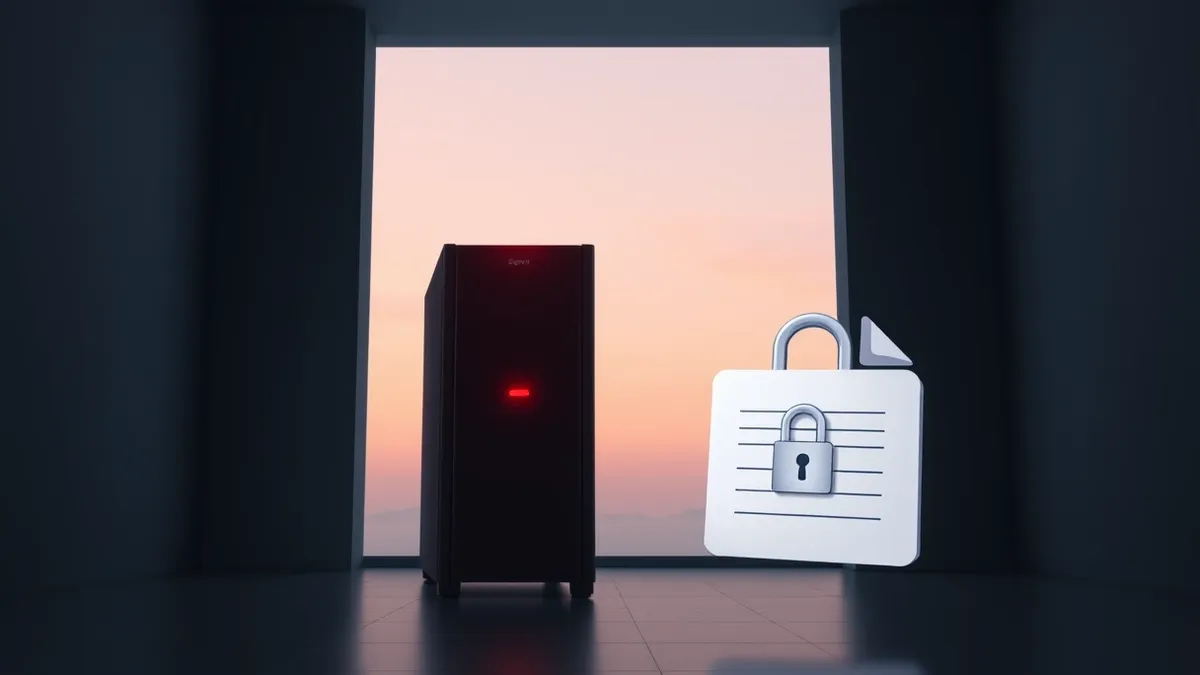 Illustration: A sleek black server rack stands in a dim room, its front panel featuring a single glowing red warning light.