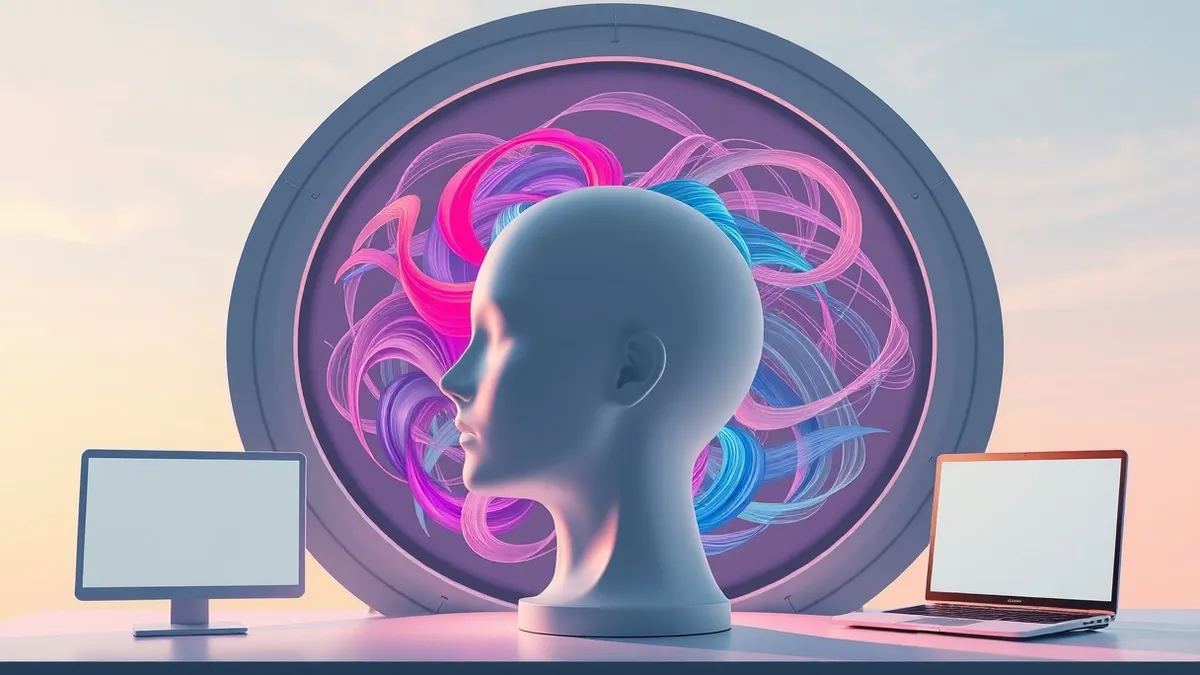 Illustration: A magnetic resonance imaging machine surrounds a blank head form, with soft, swirling ribbons of color emanating from the interior.