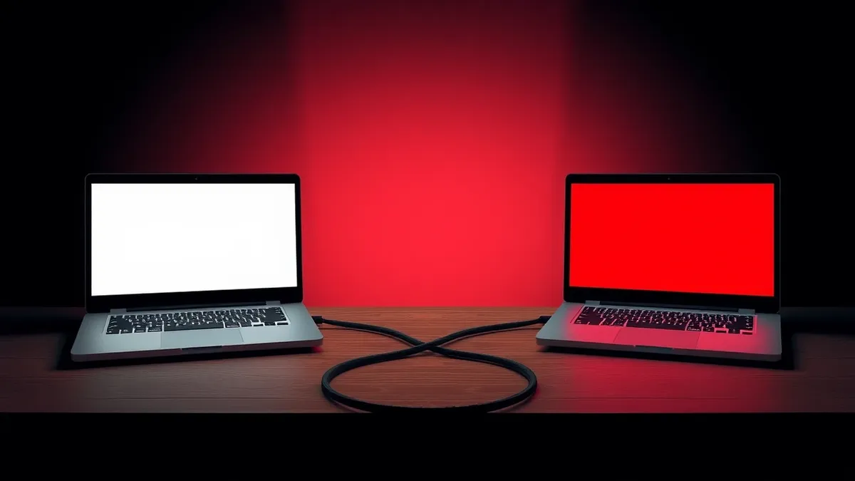 Illustration: A dark room contains a single desk with two laptops facing each other.