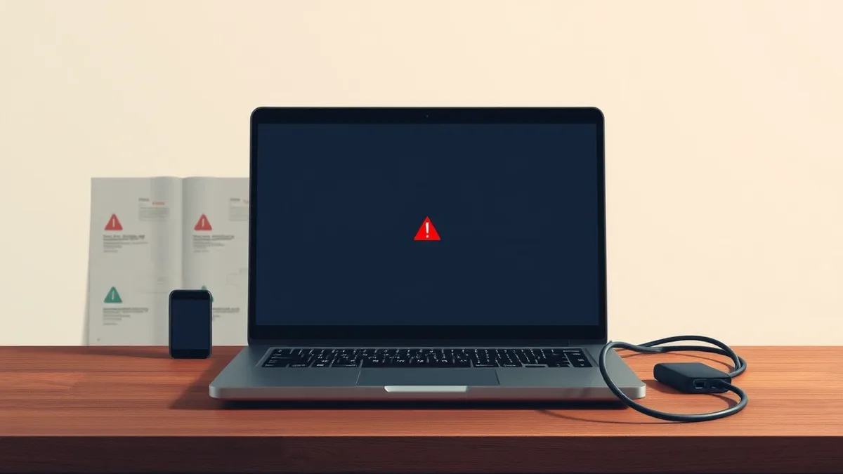 Illustration: A sleek black laptop sits on a wooden desk with its screen displaying a single red warning icon.