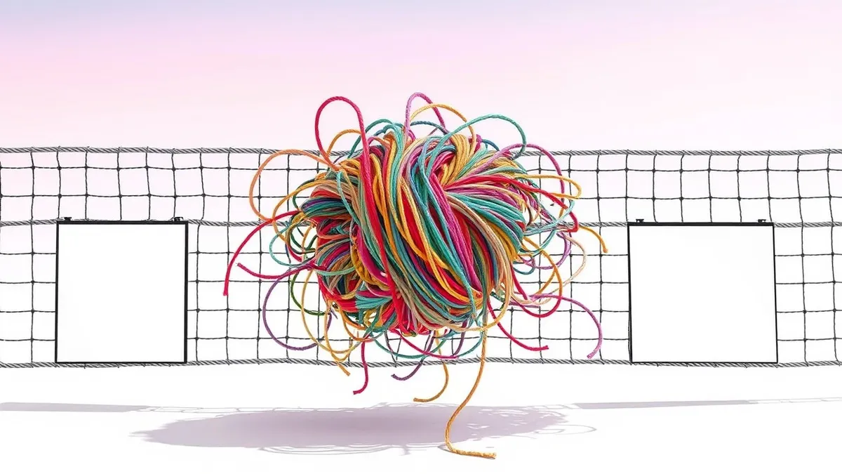 Illustration: A tangled knot of multicolored threads slips through a narrow metal mesh filter.