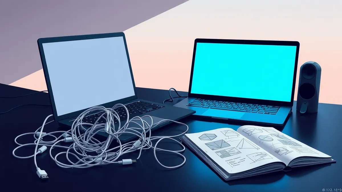 Illustration: A dark desk holds a sleek black laptop with a glowing screen.
