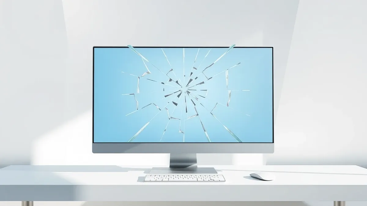 Illustration: A cracked glass pane shatters on a sleek, silver desktop computer monitor.