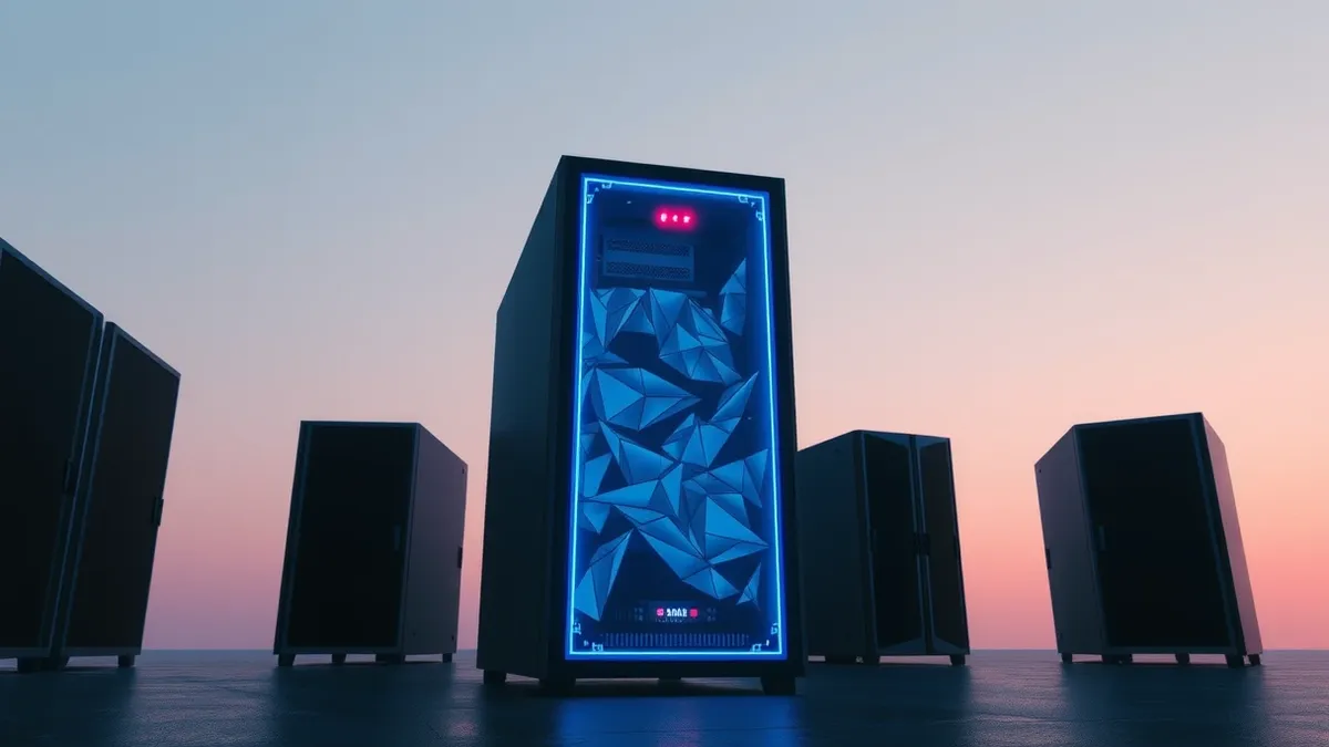 Illustration: A glowing blue server blade sits isolated in a dark room, its front panel covered by a translucent shield displaying abstract geometric patterns.
