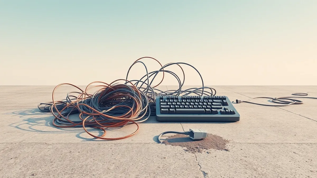 Illustration: A tangle of severed fiber optic cables spills across a concrete floor, their exposed copper wires twisted into chaotic knots.