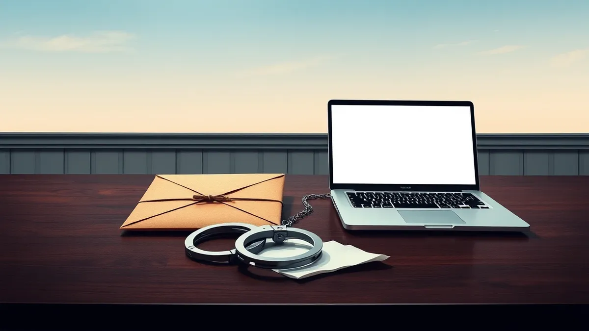 Illustration: A dark wooden desk holds a sealed brown envelope and a silver laptop with a blank screen.