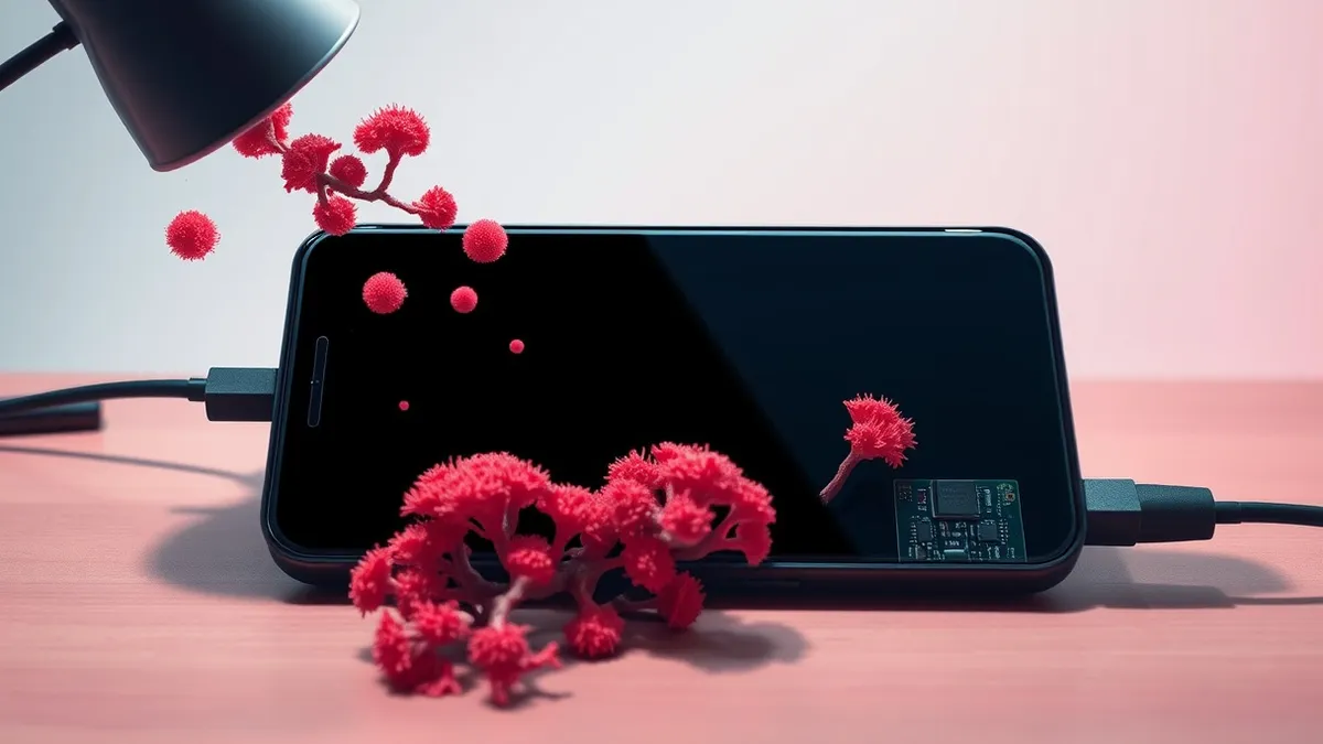 Illustration: A generic smartphone with a blank black screen rests on a workbench next to a circuit board.