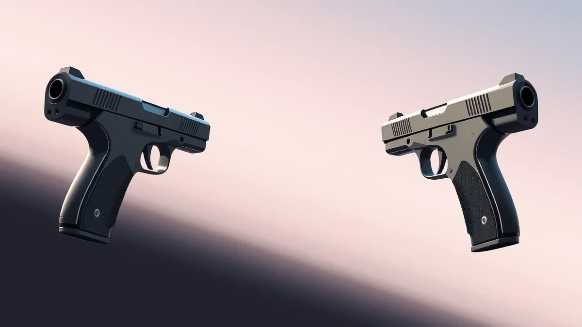 Illustration: A futuristic pistol floats in mid-air, mirrored by its twin on the opposite side.