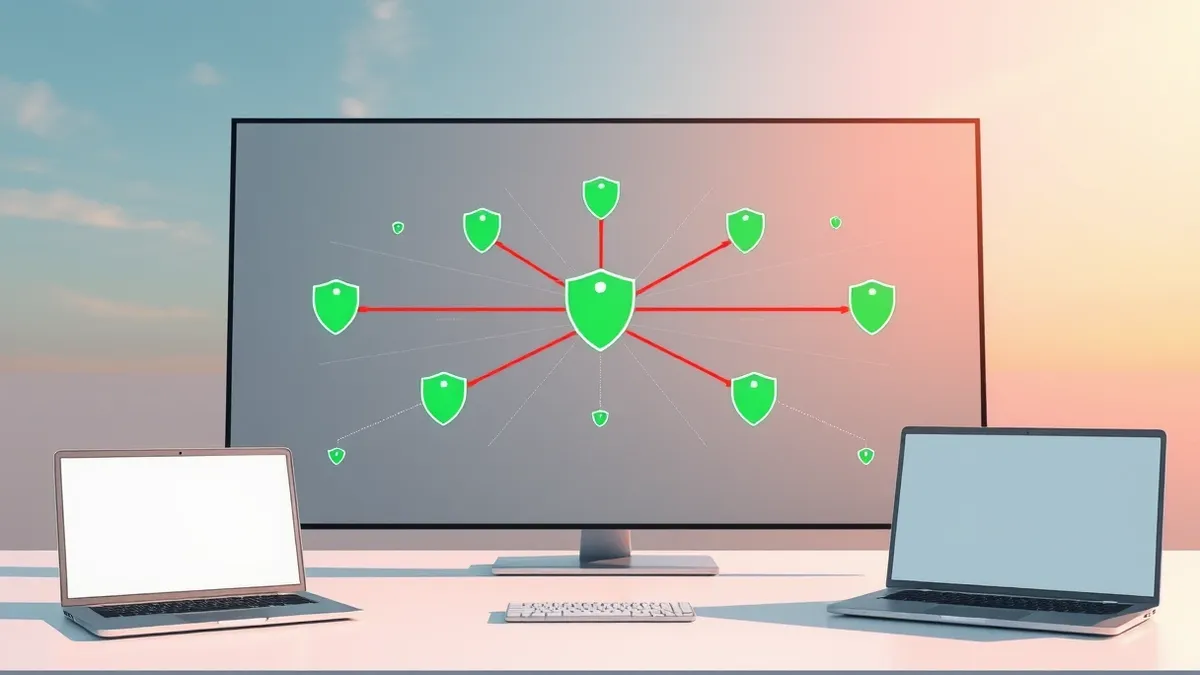 Illustration: A sleek digital interface displays a central network of connected nodes.