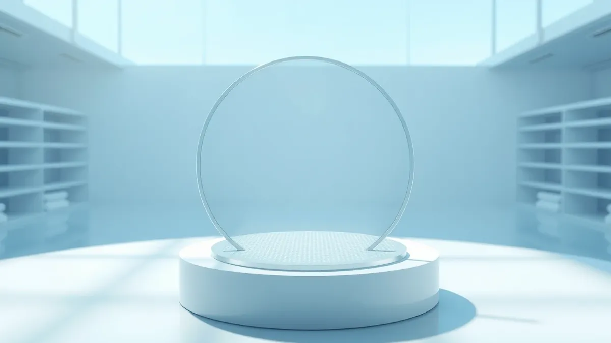 Illustration: A single silicon wafer sits on a clean white pedestal in a bright laboratory.