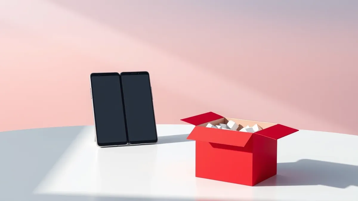 Illustration: Two sleek silver foldable smartphones rest on a minimalist white table, their screens closed and blank.