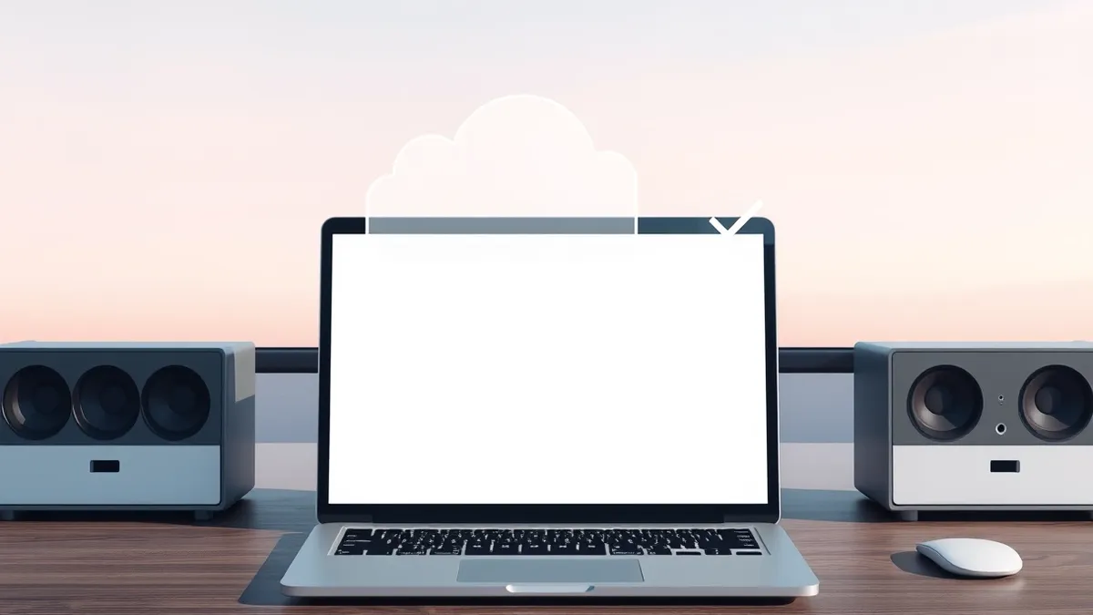 Illustration: A sleek office desk holds a modern laptop with a blank screen, while a transparent, ghostly interface of clean geometric shapes hovers above the keyboard.