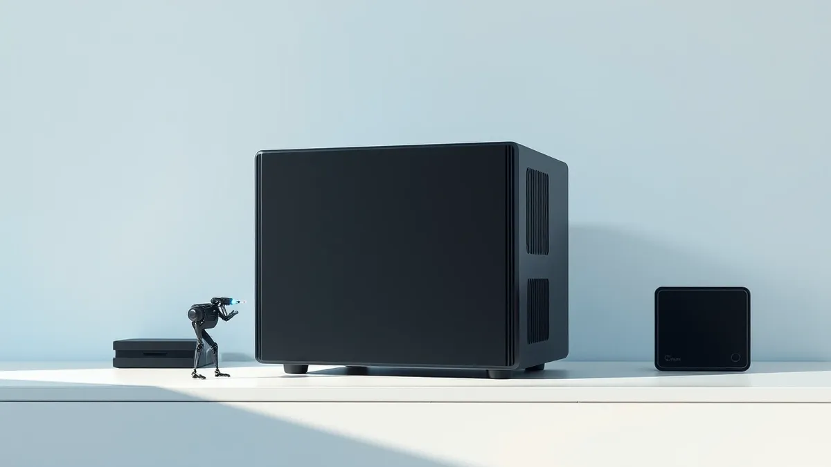 Illustration: A sleek black server unit sits on a white desk, its smooth front panel reflecting soft blue light.