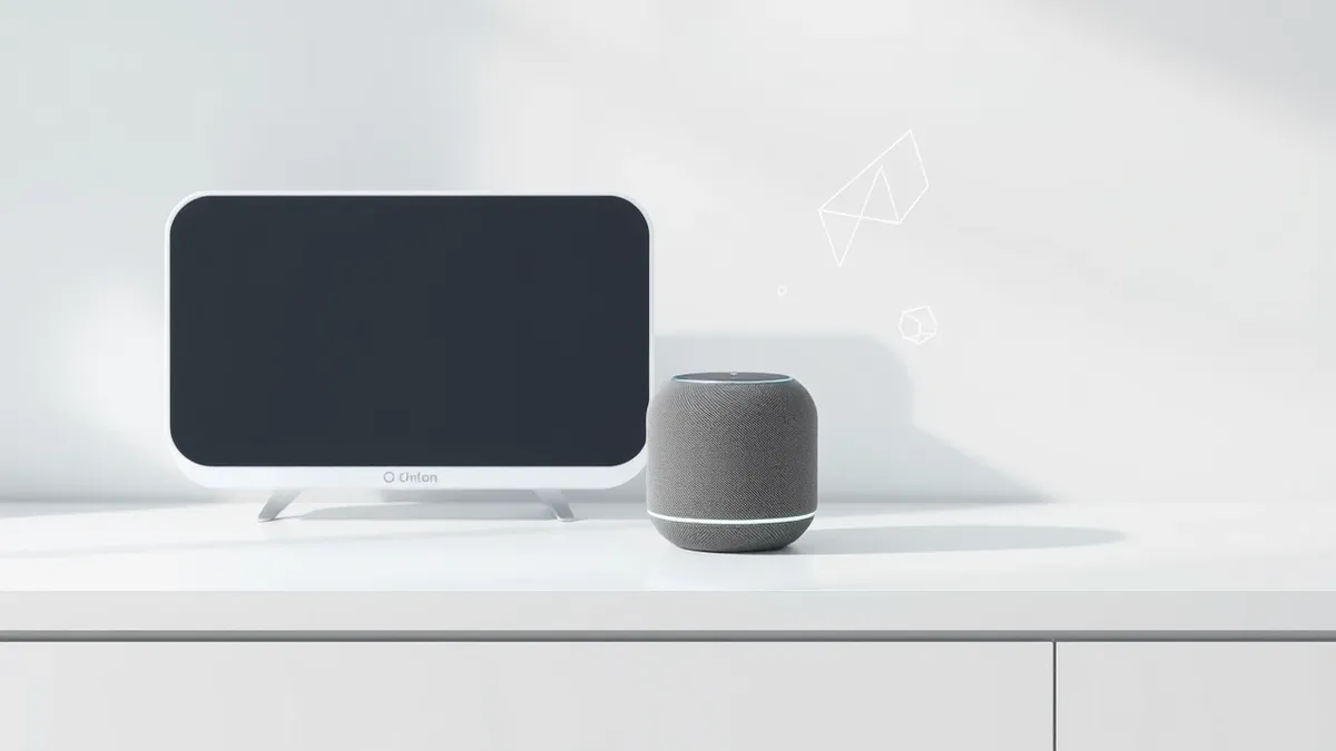 Illustration: A small round smart speaker sits on a white kitchen countertop beside a larger rectangular hub device.