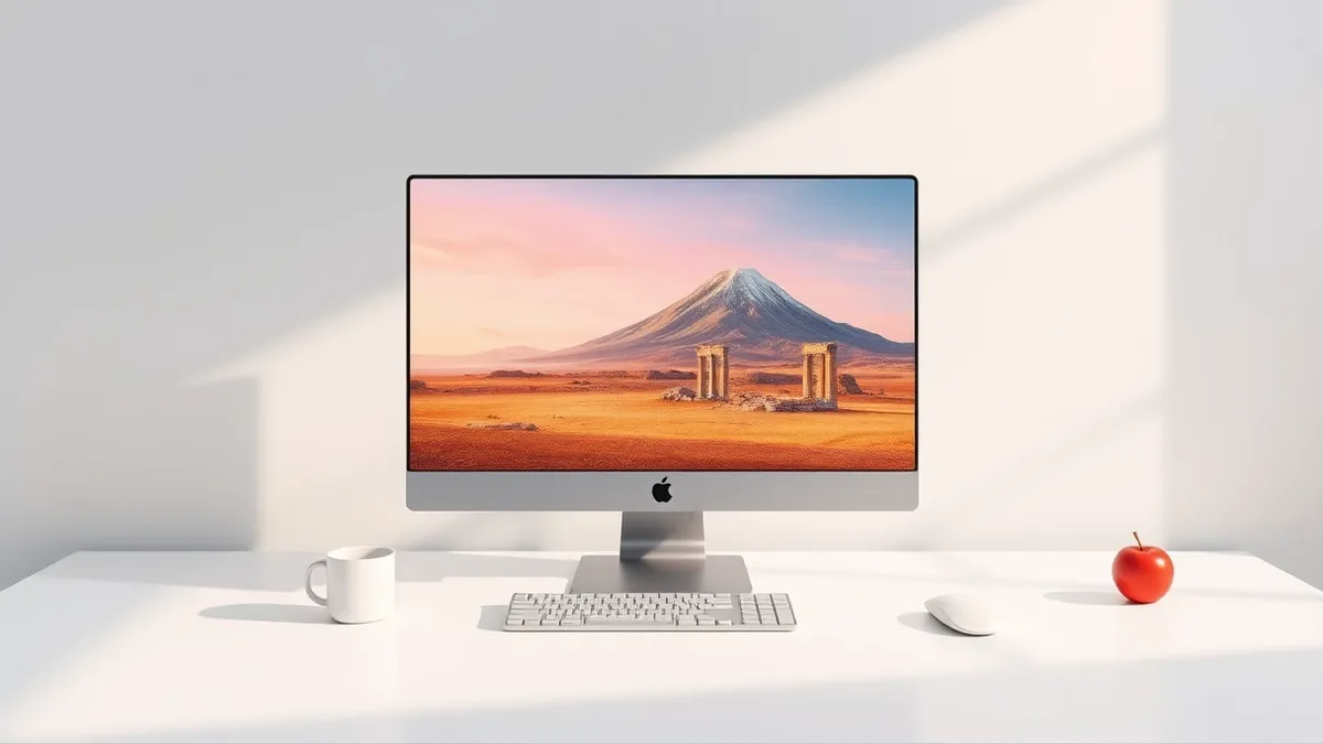 Illustration: A sleek silver desktop computer sits on a clean white desk.
