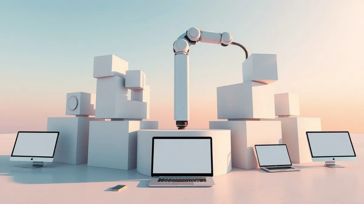 Illustration: A sleek white robotic arm extends from a central hub, connecting to various abstract geometric modules representing different business functions.