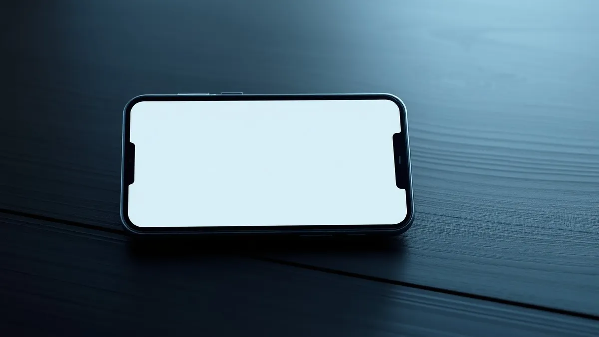 Illustration: A smartphone rests on a dark wooden table with its screen displaying a blank map interface.